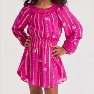 LoveShackFancy Mini Popover Dress in Very Berry 8-9 Hot Pink Gold Metallic